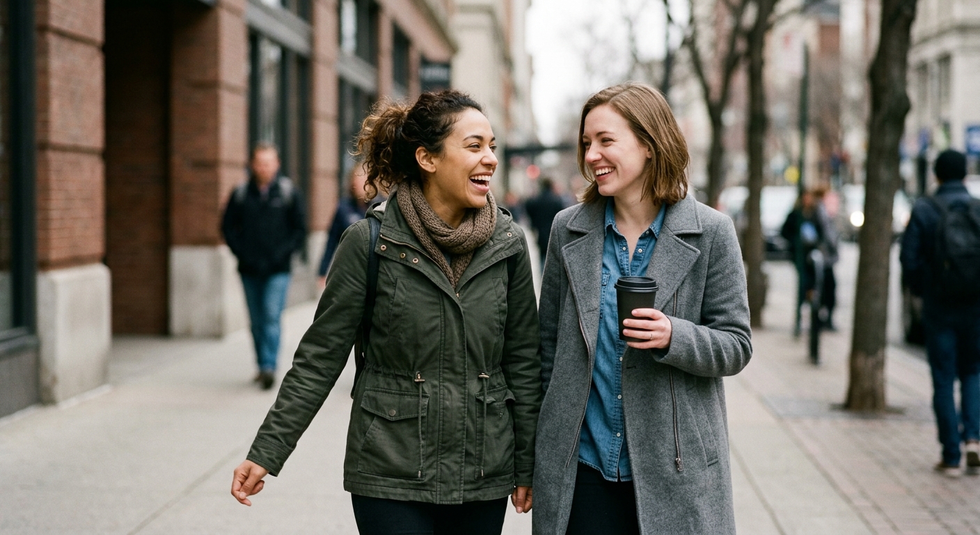 Two friends laughing while walking through the city